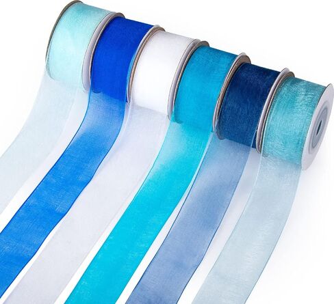 6 Roll 1 Inch Wide Blue Organza Ribbon Sheer Chiffon Ribbon for Gift Wrapping(Blue) in Kuwait