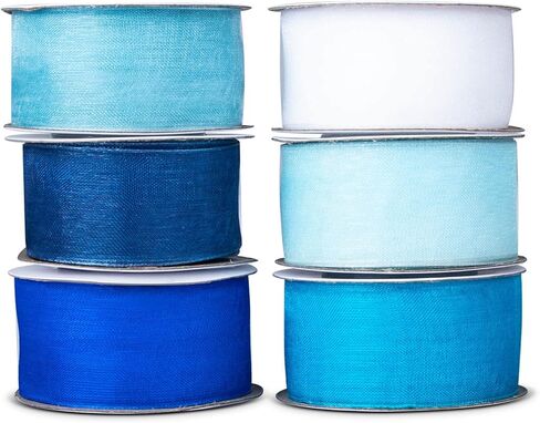 6 Roll 1 Inch Wide Blue Organza Ribbon Sheer Chiffon Ribbon for Gift Wrapping(Blue) in Kuwait