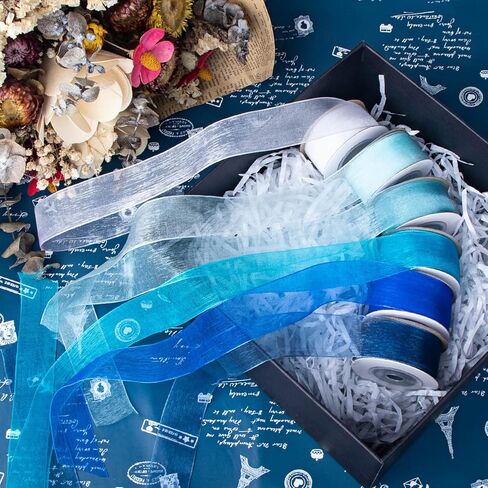 6 Roll 1 Inch Wide Blue Organza Ribbon Sheer Chiffon Ribbon for Gift Wrapping(Blue) in Kuwait