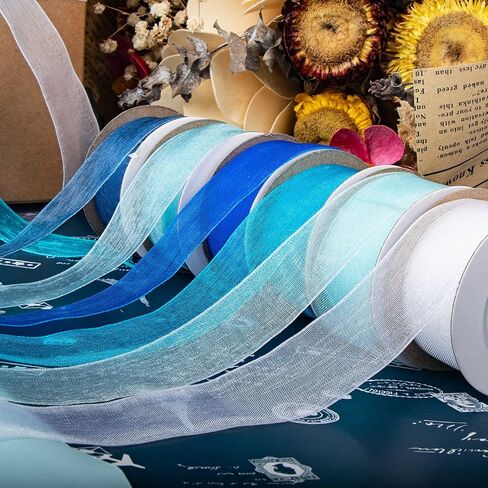 6 Roll 1 Inch Wide Blue Organza Ribbon Sheer Chiffon Ribbon for Gift Wrapping(Blue) in Kuwait