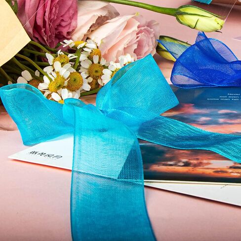 6 Roll 1 Inch Wide Blue Organza Ribbon Sheer Chiffon Ribbon for Gift Wrapping(Blue) in Kuwait
