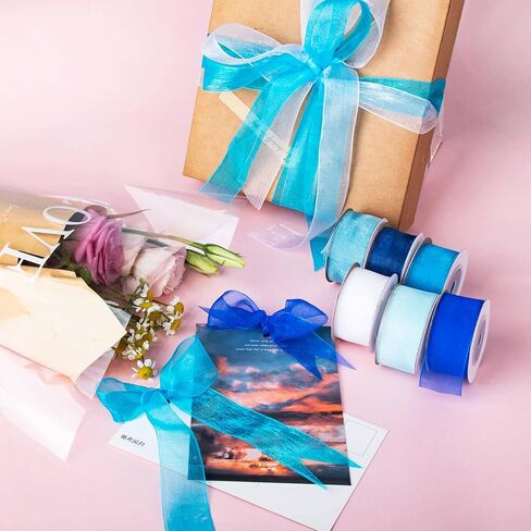 6 Roll 1 Inch Wide Blue Organza Ribbon Sheer Chiffon Ribbon for Gift Wrapping(Blue) in Kuwait