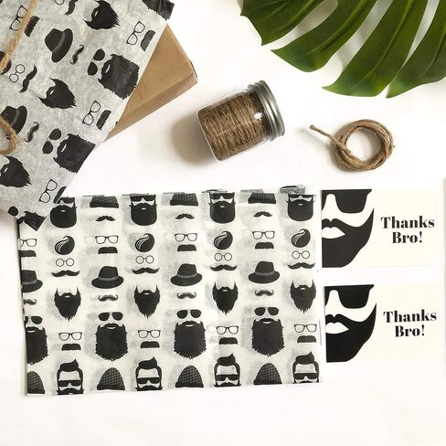 25pc Thanks Bro Mens Beard Mustache Bachelor Bridal Birthday Party Thank You Card Tissue Paper Gift Wrap Packaging Set in Kuwait