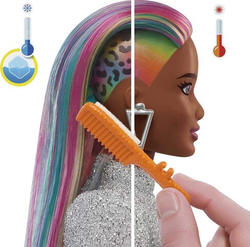 دمية باربي ذات شعر الفهد قوس قزح (سمراء) مع ميزة شعر متغير اللون، 16 إكسسوارًا للعب الشعر والأزياء بما في ذلك ربطات الشعر والفرشاة والقمصان العصرية وأذني القطط ومحفظة القطط والمزيد in Saudi Arabia