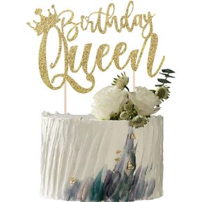 Handmade Glitter Queen Birthday Cake Topper, Happy Birthday Cake Bunting Decor, Birthday Party Decoration Supplies (Gold)