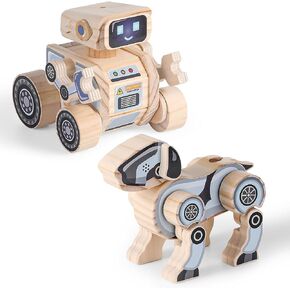 SainSmart Jr. 2-in-1 STEM Kits, Wooden Robot Assembly Toy Set, Woodworking Crafts Projects for Kids, Gift for Boys and Girls