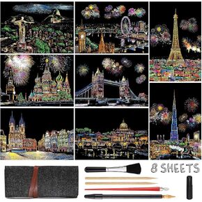 Scratch Art for Adults Kids, Rainbow Painting Night View Scratchboard(A4), Crafts Set: 8 Sheets Scratch Cards with 6 tools in Bag - Fireworks, Big Ben, Cristo Redentor, Ferris Wheel(Landmark Building) in Saudi Arabia
