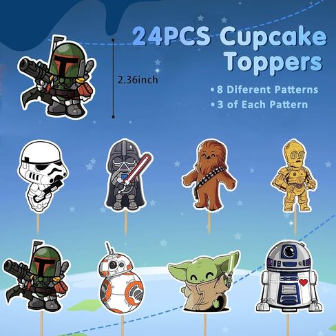 48Pcs Baby Cupcake Toppers Wrappers for Kids, 24 Toppers 24 Wrappers Birthday Cake Decorations Party Supplies for Girls Boys Baby Shower Birthday Star Themed War Party Favors in Saudi Arabia