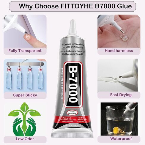 غراء مجوهرات B7000 لصناعة المجوهرات، FITTDYHE قطعتان 50 مل/1.69 أونصة سائلة غراء شفاف من حجر الراين غراء قماشي، لاصق فائق متعدد الأغراض B-7000 غراء لإصلاح الهاتف سحر زجاجي من الخشب in Kuwait