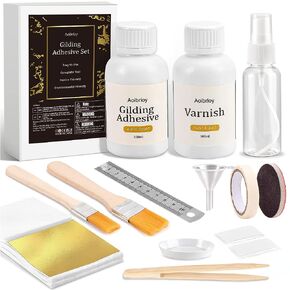 Aoibrloy 200ml Gilding Adhesive Set with 100 Sheets Gold Leaf, Water-Based Varnish and Gilding Adhesive for Gold Leaf, Craft Supplies, Decoration in Kuwait