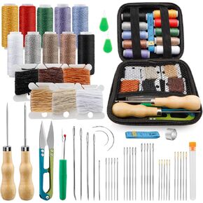 Tikjiua 59 Pcs Leather Sewing Kit Leather Needles for Hand Sewing,Heavy Duty Sewing Upholstery Repair Kit Waxed Thread Large-Eye Stitching Needles for Carseat Backpack Carpet Boots Shoes Canvas Sofa