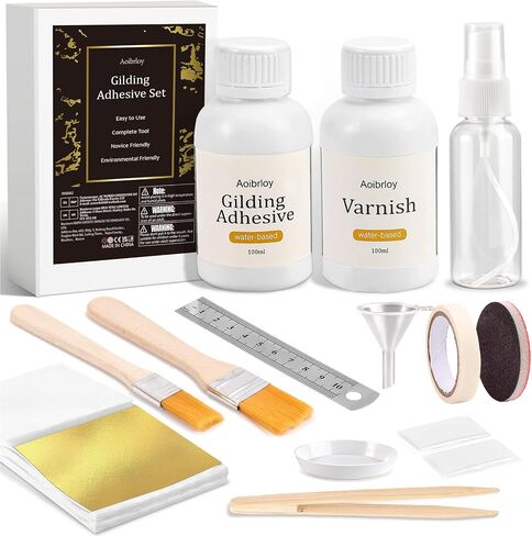 Aoibrloy 200ml Gilding Adhesive Set with 100 Sheets Gold Leaf, Water-Based Varnish and Gilding Adhesive for Gold Leaf, Craft Supplies, Decoration in Kuwait