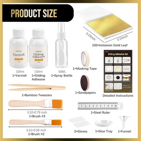 Aoibrloy 200ml Gilding Adhesive Set with 100 Sheets Gold Leaf, Water-Based Varnish and Gilding Adhesive for Gold Leaf, Craft Supplies, Decoration in Kuwait