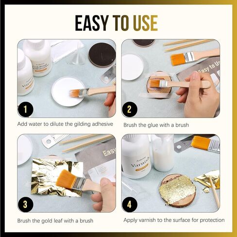 Aoibrloy 200ml Gilding Adhesive Set with 100 Sheets Gold Leaf, Water-Based Varnish and Gilding Adhesive for Gold Leaf, Craft Supplies, Decoration in Kuwait