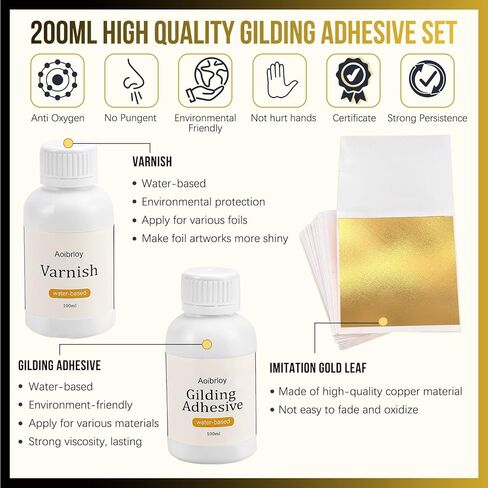 Aoibrloy 200ml Gilding Adhesive Set with 100 Sheets Gold Leaf, Water-Based Varnish and Gilding Adhesive for Gold Leaf, Craft Supplies, Decoration in Kuwait