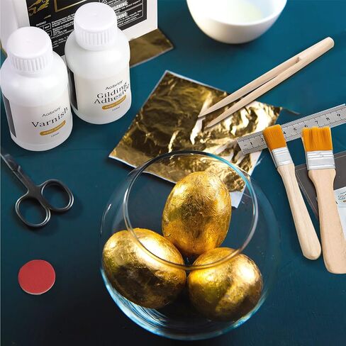 Aoibrloy 200ml Gilding Adhesive Set with 100 Sheets Gold Leaf, Water-Based Varnish and Gilding Adhesive for Gold Leaf, Craft Supplies, Decoration in Kuwait