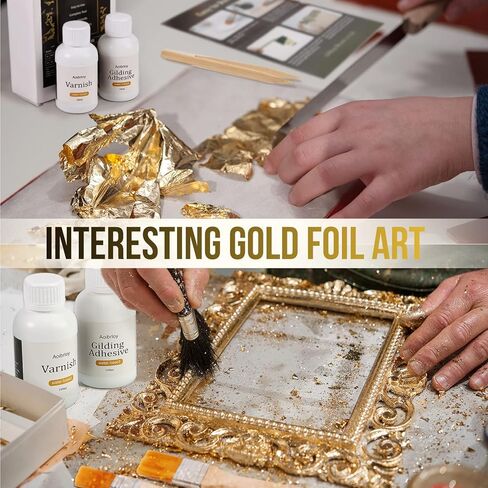 Aoibrloy 200ml Gilding Adhesive Set with 100 Sheets Gold Leaf, Water-Based Varnish and Gilding Adhesive for Gold Leaf, Craft Supplies, Decoration in Kuwait