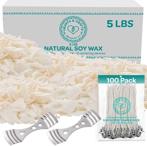 Hearts & Crafts Candle Wax - Soy Wax for Candle Making Kit - 10 lbs Wax Flakes, 100 Pieces 6-Inch Candle Wicks, 2 Metal Centering Devices - Soy Candle Wax Bulk and DIY Candle Making Supplies in Saudi Arabia