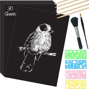 ZOCONE Scratch Paper Art Set, 50 Sheets 8x11in Black Coated Scratchboard Large Scratch Paper with Wooden Styluses and Stencils, DIY Scratch Painting Art Paper for Kids Adults Birthday Christmas Gift