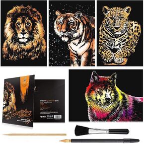 Scratch Art Paper(A4) for Kids & Adults, Rainbow Painting Night View Scratchboard, Art Craft, Crafts Set: 8 Sheets Scratch - Unicorn/Flamingo/Cat/Deer/Tiger/Leopard/Lion/Wolf & 6 Tools (Animal World) in Saudi Arabia