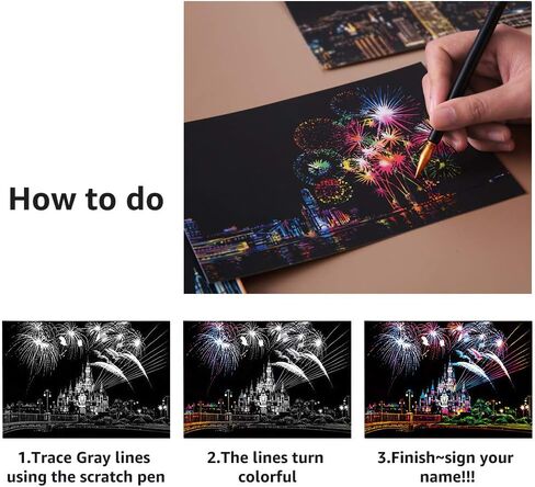 مجموعات الرسم الفني للخدش للبالغين والأطفال، لوحة رسم قوس قزح للرؤية الليلية (A4)، مجموعة الحرف اليدوية: 8 أوراق بطاقات للخدش مع 6 أدوات في الحقيبة - مجموعة الأعمال الفنية الإبداعية (مبنى تاريخي) in Kuwait