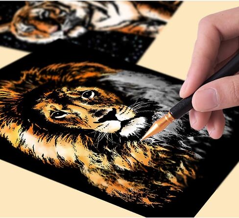 ورق فني للخدش (A4) للأطفال والكبار، لوح رسم ليلي للرسم بألوان قوس قزح، حرفة فنية، مجموعة الحرف اليدوية: 4 بطاقات خدش النمر/الفهد/الأسد/الذئب وقلم رسم للخدش، فرشاة نظيفة (حيوانات شرسة) in Kuwait