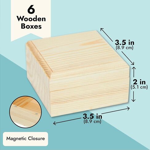 6 Pack Unfinished Wooden Boxes with Hinged Lids, Pinewood Magnetic Wood Box for Crafts, Jewelry Storage (3.5 x 3.5 x 2 In) in Saudi Arabia
