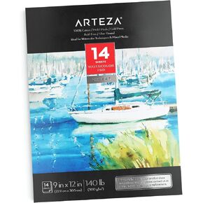 ARTEZA Watercolor Paper, 14 Sheets, 9x12 Inches Water Color Paper, 140lb/300gsm, 100% Cotton, Cold Press, Acid Free Art Paper