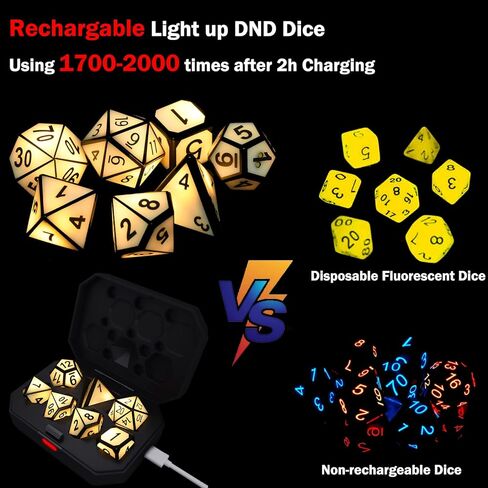 Light Up DND Dice, USB Rechargeable Electric Dice with Charging Box, 7 Pcs Glowing Polyhedral Dice Set, Shake to LED D&D Dice Set for Dungeons and Dragons RPG Role Playing Table Games in Kuwait