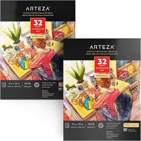 ARTEZA Watercolor Paper, Pack of 2, 32 Sheets Each, 9x12 Inch Watercolor Sketchbook, 140lb/300gsm, Cold Press, Acid Free Art Paper in Saudi Arabia