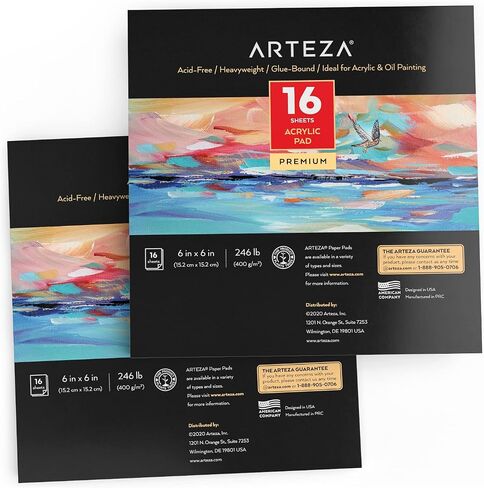 ARTEZA White Acrylic Pad, Pack of 2, 6 x 6 Inches, 16 Sheets Each, Painting & Drawing Pad with Thick 246-lb Paper, for Acrylic Painting, Oil Painting, & Drawing in Kuwait