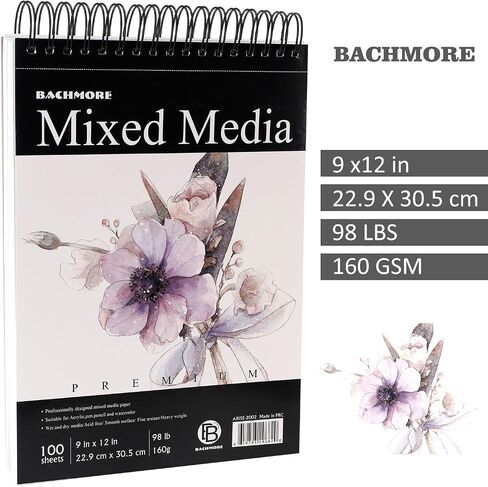 Bachmore Drawing Pad 5.5‘’X8.5''(98lb/160g) 100 Sheets Mixed Media, Watercolor, Acrylic Art Pad for Sketching, Ink Sketchbook, Coloring in Multi-Media Top Spiral Notebook, Micro-Perforated in Saudi Arabia
