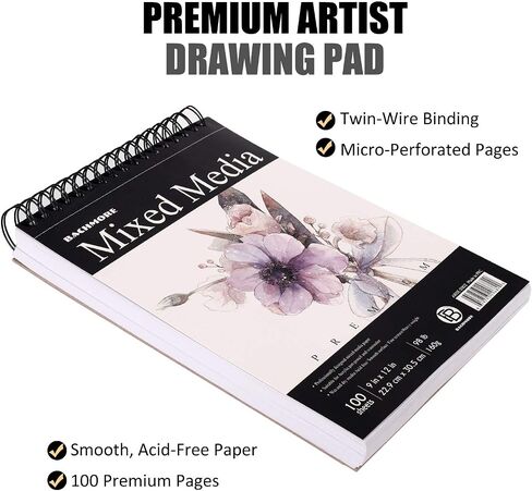 Bachmore Drawing Pad 5.5‘’X8.5''(98lb/160g) 100 Sheets Mixed Media, Watercolor, Acrylic Art Pad for Sketching, Ink Sketchbook, Coloring in Multi-Media Top Spiral Notebook, Micro-Perforated in Saudi Arabia