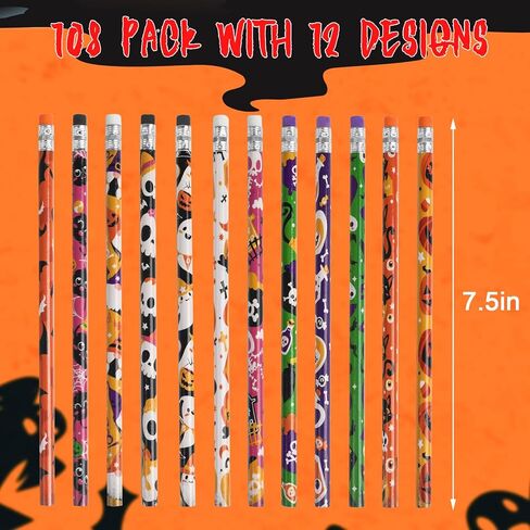 مجموعة من 108 أقلام رصاص للهالوين للأطفال من DIYASY، 12 قلم رصاص بتصميم كبير مع محايات، مجموعة أقلام رصاص ملونة متنوعة لهدايا الهالوين وهدايا الحفلات المفضلة in Kuwait