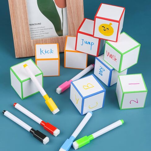 مجموعة من 16 قطعة من مكعبات المسح الجاف و6 قطع من أقلام التحديد الملونة، ومكعبات النرد الإسفنجية، يمكن مسحها والكتابة على مكعبات المسح الجاف، أداة مساعدة تعليمية، لعبة تعلم اللعب in Kuwait