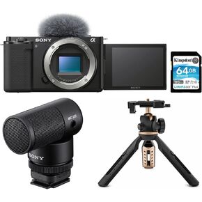 Sony Alpha ZV-E10 APS-C Interchangeable Lens Mirrorless Vlog Camera (Body Only, Black) Bundle with Shotgun Microphone, Extendable Tripod with Built-in Phone Mount and Memory Card (4 Items) in Kuwait