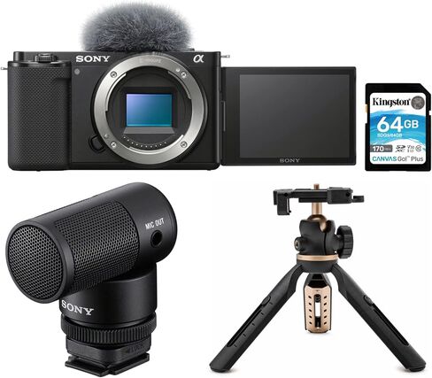 Sony Alpha ZV-E10 APS-C Interchangeable Lens Mirrorless Vlog Camera (Body Only, Black) Bundle with Shotgun Microphone, Extendable Tripod with Built-in Phone Mount and Memory Card (4 Items) in Kuwait