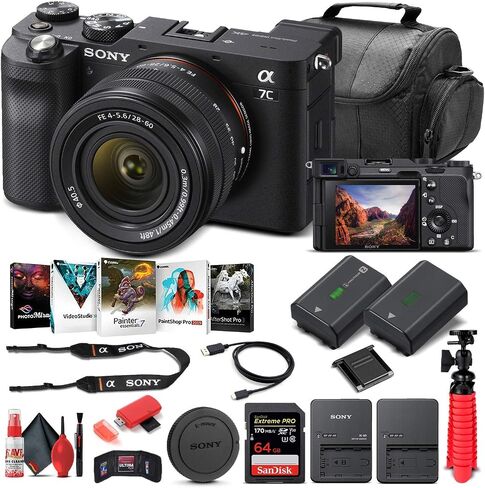 Sony Alpha a7C Mirrorless Digital Camera with 28-60mm Lens (Black) (ILCE7CL/B) + 64GB Memory Card + NP-FZ-100 Battery + Corel Photo Software + Case + External Charger + Card Reader + More (Renewed) in Saudi Arabia