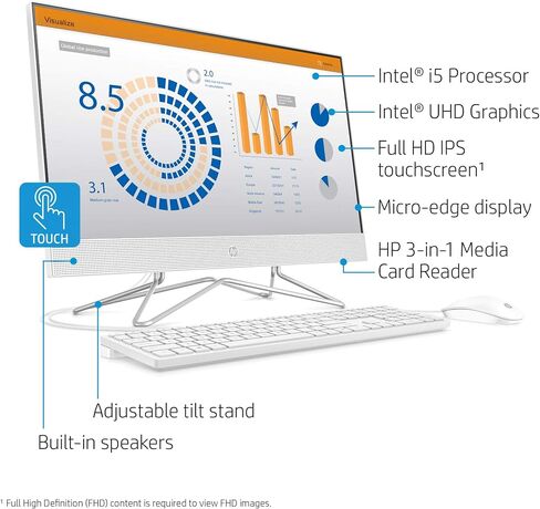 HP 24-inch All-in-One Touchscreen Desktop Computer, Intel Core i5-1035G1 processor, 12 GB RAM, 512 GB SSD, Windows 10 Home (24-df0170, White) in Saudi Arabia