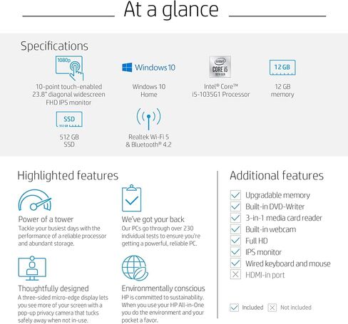 HP 24-inch All-in-One Touchscreen Desktop Computer, Intel Core i5-1035G1 processor, 12 GB RAM, 512 GB SSD, Windows 10 Home (24-df0170, White) in Saudi Arabia