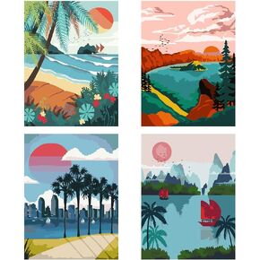 LWZAYS Paint by Numbers for Adults and Kids Beginner, Painting by Number Kits On Canvas, without Frame DIY Color Landscape Oil Painting Acrylic Paints, Home Wall Decor （4 Pack 12x16 in）
