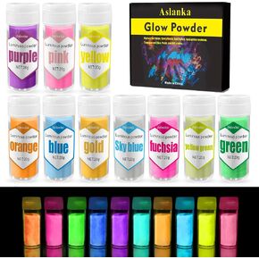Aslanka 10 Colors Glow in The Dark Pigment Powder, Luminous Powder for Body, Long Lasting Glow Resin Pigment, Perfect for Epoxy Resin, Slime, Nails, Face, Paintings, Fine Art, DIY Crafts - 0.7oz Each in Saudi Arabia
