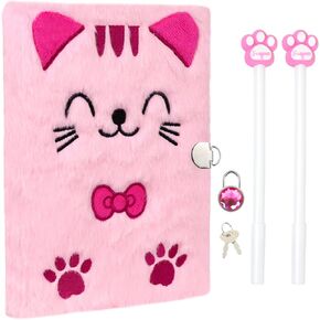 Fluffy Cute Cat Diary with Lock and Pen for Girls,Kids diary, Plush Journal Notebook Set,80 Lined Sheet, School, Birthday Gift A5 in Kuwait