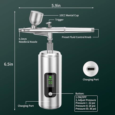 مجموعة فرشاة هوائية من ام جي جي اس يو جي مع ضاغط 36 باوند لكل انش مربع قابلة لاعادة الشحن محمولة باليد لاسلكية مع شاشة LCD لفن الاظافر والطلاء وتزيين الكيك والكوكيز والمكياج والحلاق (فضي) in Kuwait