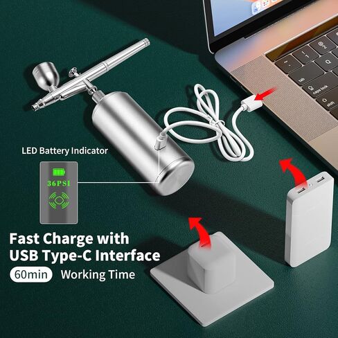 مجموعة فرشاة هوائية من ام جي جي اس يو جي مع ضاغط 36 باوند لكل انش مربع قابلة لاعادة الشحن محمولة باليد لاسلكية مع شاشة LCD لفن الاظافر والطلاء وتزيين الكيك والكوكيز والمكياج والحلاق (فضي) in Kuwait