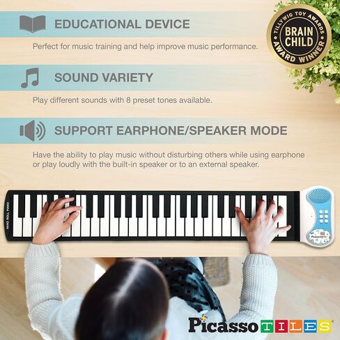 PicassoTiles® PT49 Kid's 49-Key Flexible Roll-Up Educational Electronic Digital Music Piano Keyboard w/Recording Feature, 8 Different Tones, 6 Educational Demo Songs & Build-in Speaker - Rainbow in Saudi Arabia