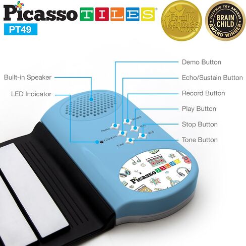 PicassoTiles® PT49 Kid's 49-Key Flexible Roll-Up Educational Electronic Digital Music Piano Keyboard w/Recording Feature, 8 Different Tones, 6 Educational Demo Songs & Build-in Speaker - Rainbow in Saudi Arabia