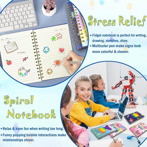 Pop Notebook for Kids, Fidget Girls Diary Journal 8.5x5.3 Inches 160 Lined Pages with 6 Multicolor Pen Spiral Journal for Teenage School Writing Drawing Pop Unicorn It Gifts Stuff Age 6 8 10 12 in Kuwait