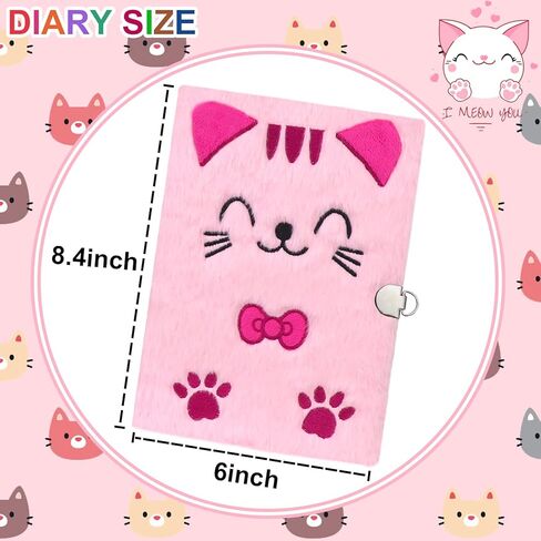 Fluffy Cute Cat Diary with Lock and Pen for Girls,Kids diary, Plush Journal Notebook Set,80 Lined Sheet, School, Birthday Gift A5 in Kuwait