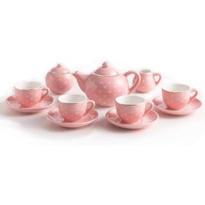 CHENP.HMC Tea Party Set for Little Girls, 13 Piece Sets Kids Tin Tea Party with Cups, Saucers, Plates & Serving Trays, Girls Birthday Gift (Pastel Polka Dots)